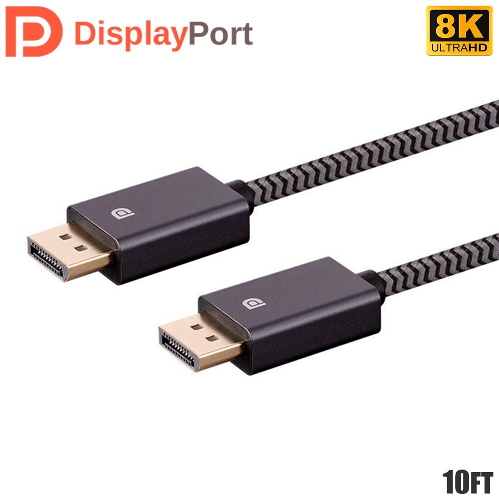 10FT DisplayPort DP 1.4 8K 4K 32.4Gbps Easy Plug & Play Cable Nylon Braided Gray
