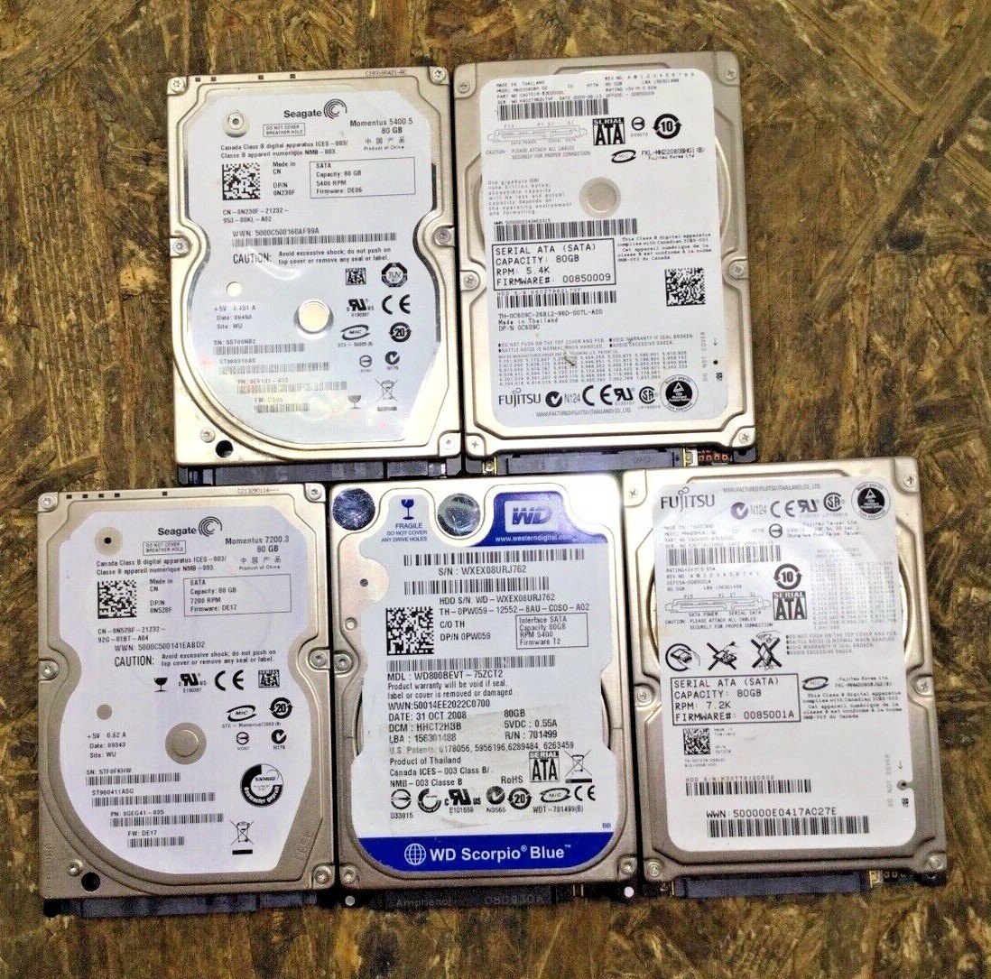 LOT OF 5 80GB SATA 2.5 Laptop Hard Drives Major Brands