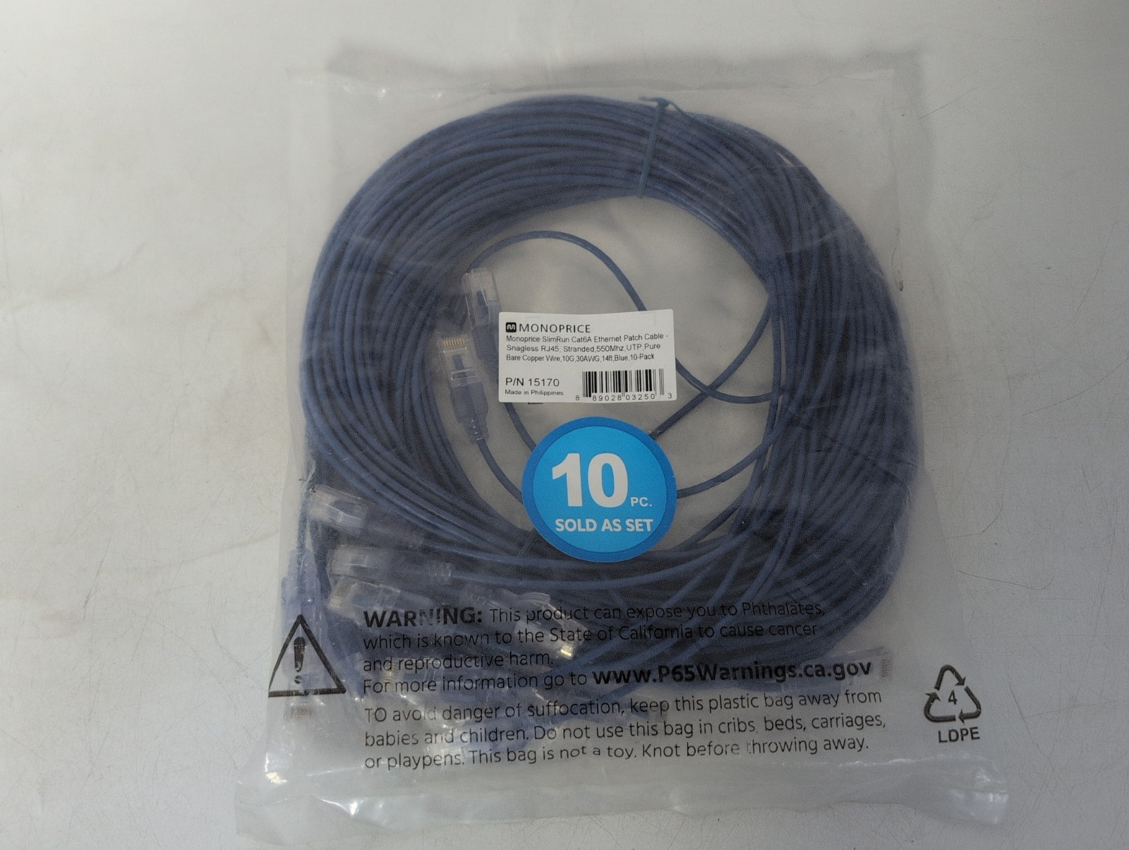  Monoprice SlimRun Cat6A Ethernet Patch Cable RJ45 14ft, Blue Pack of 10