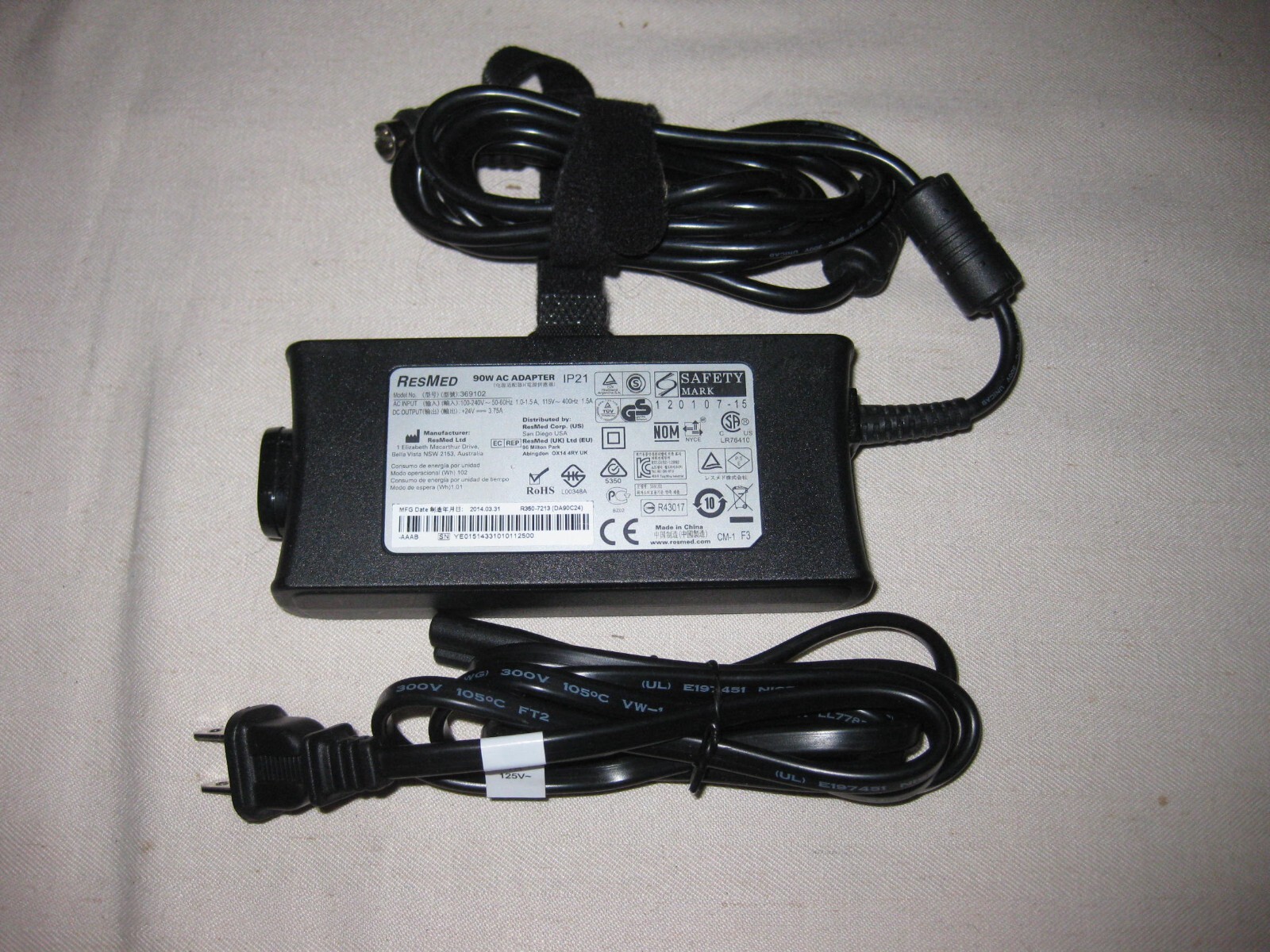 Genuine 3-Pin DIN 90W 24V 3.75A AC Adapter For Resmed S9 369102 S10 CPAP Machine