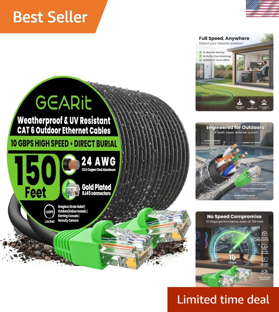 Durable 150ft Cat6 Ethernet Cable for Fast Networking - UV-Proof & Direct Burial