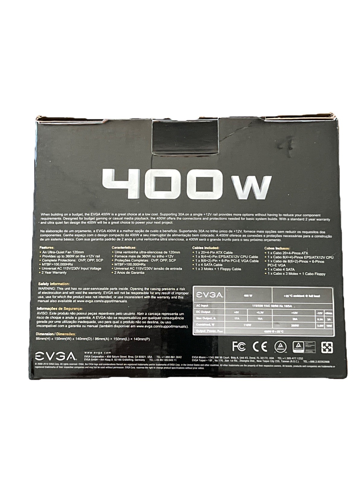 EVGA 400W ATX Power Supply 100-N1-0400-L1 OVP/OPP/SCP SATA PCIe New Open Box