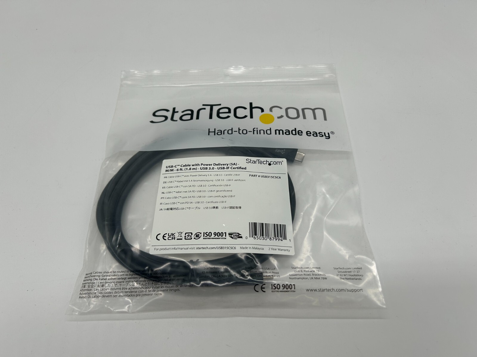 STARTECH USB315C5C6 6FT USB C TO USB C 5A 100W CHARGING CABLE BRAND NEW 