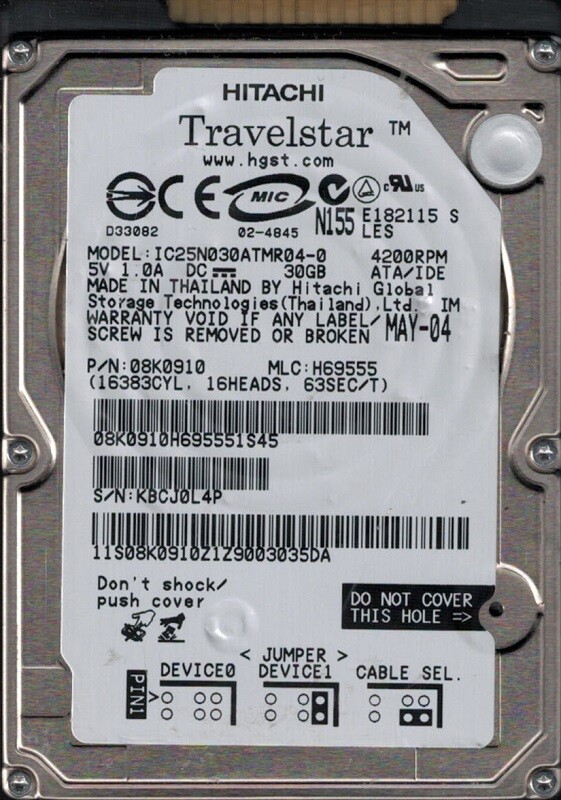IC25N030ATMR04-0 P/N: 08K0910 MLC: H69555 Thailand Hitachi 30GB