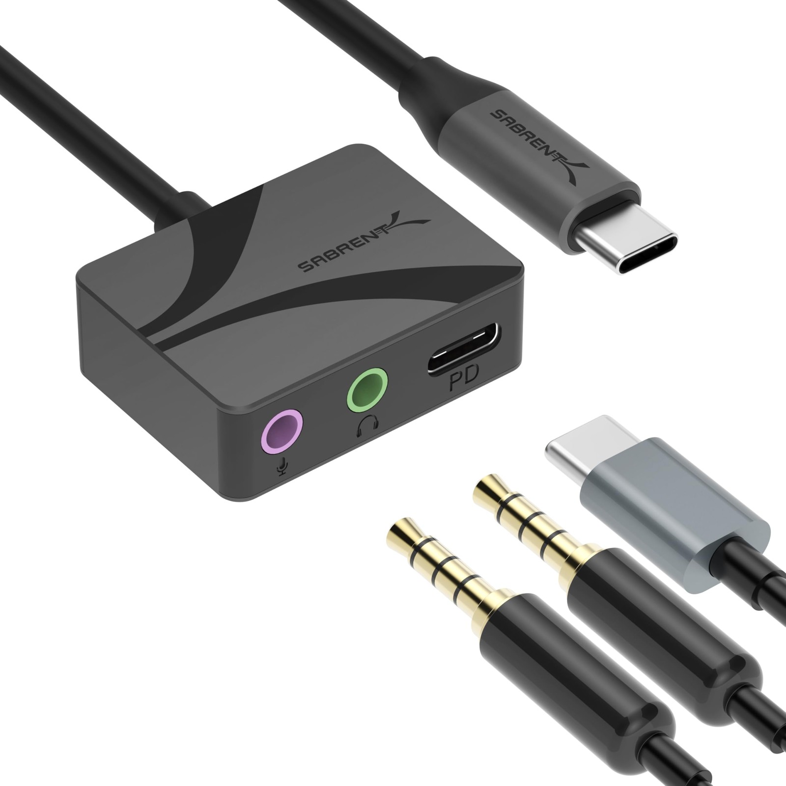 SABRENT USB-C to 3.5mm Audio Adapter + 100W PD, Black