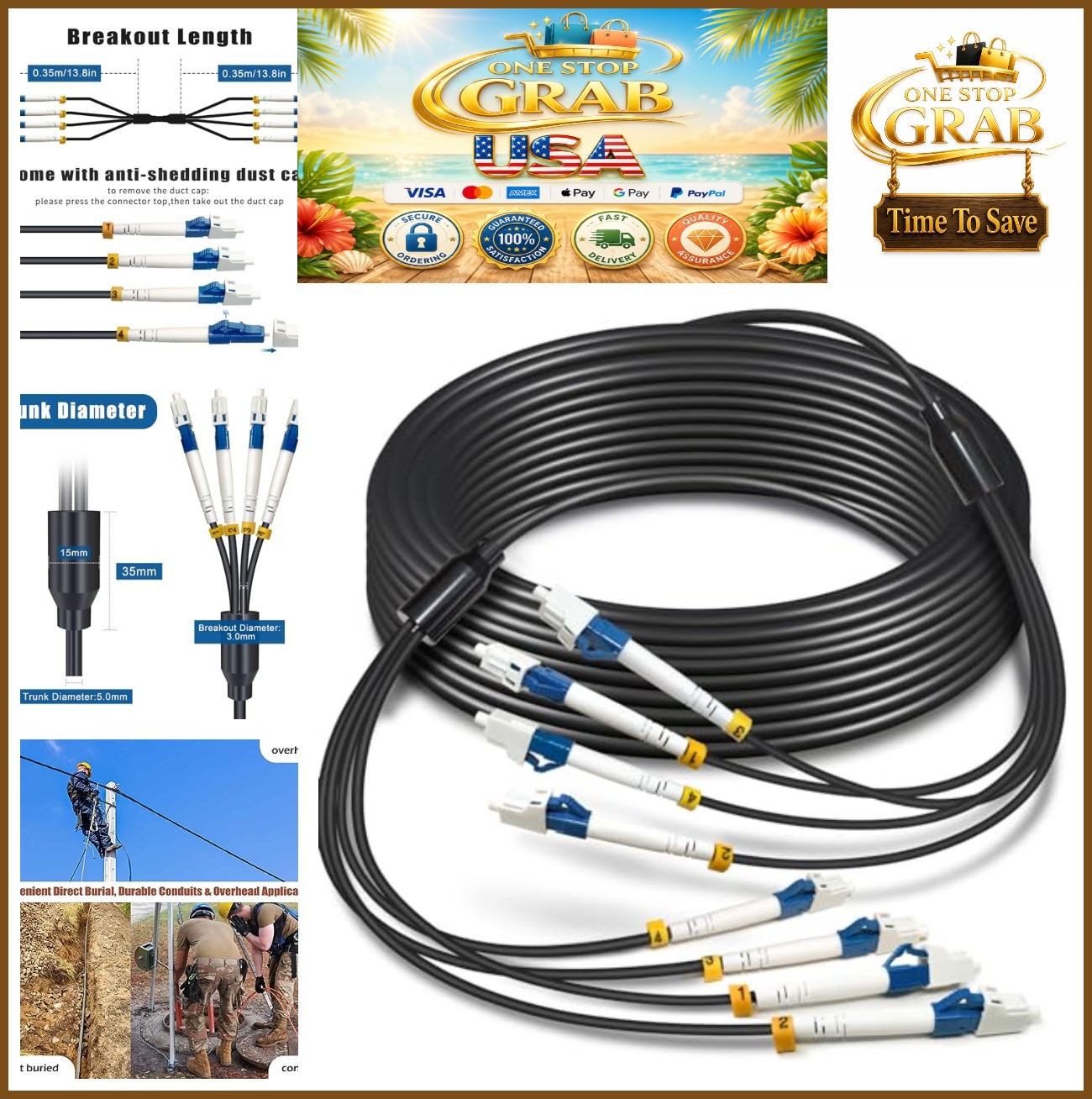 30m 4 Core LC to LC Single Mode Armored Fiber Optic Cable TPU Outdoor