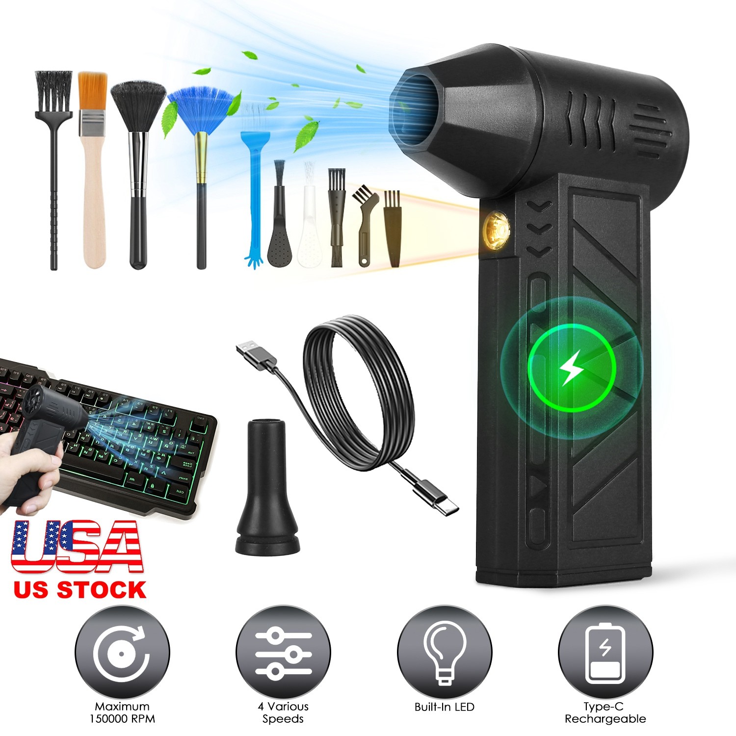 High-Powered 160000RPM Compressed Air Duster with LED Light Vacuum Cleaner Tool
