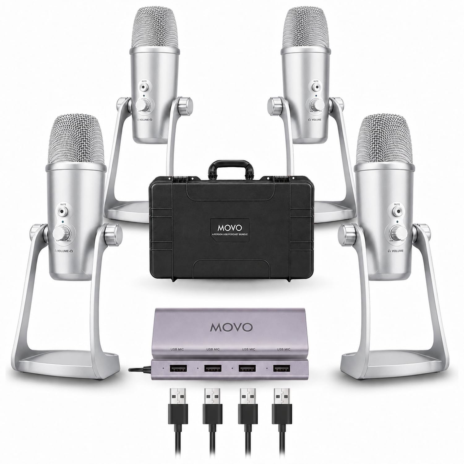4-Person USB Podcast Equipment Bundle – 4 Condenser Mics, Hub & Case (Silver)