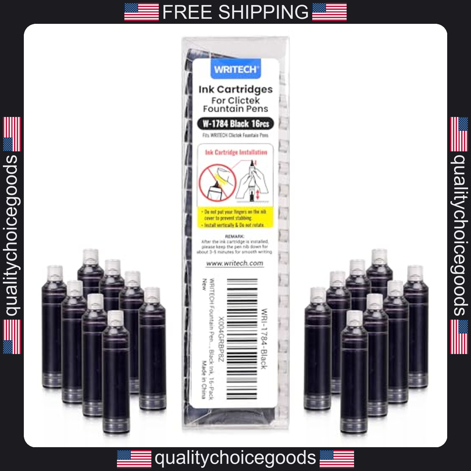 Writech W-1784 Black Ink Cartridges 16 Pack for Clictek Fountain Pens