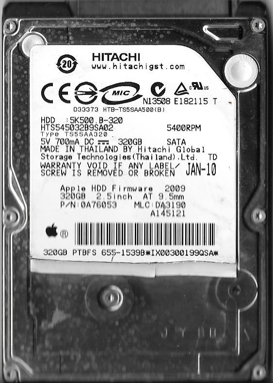 APPLE HITACHI HTS545032B9SA02 320GB SATA HARD DRIVE P/N: 0A76053  MLC: DA3190