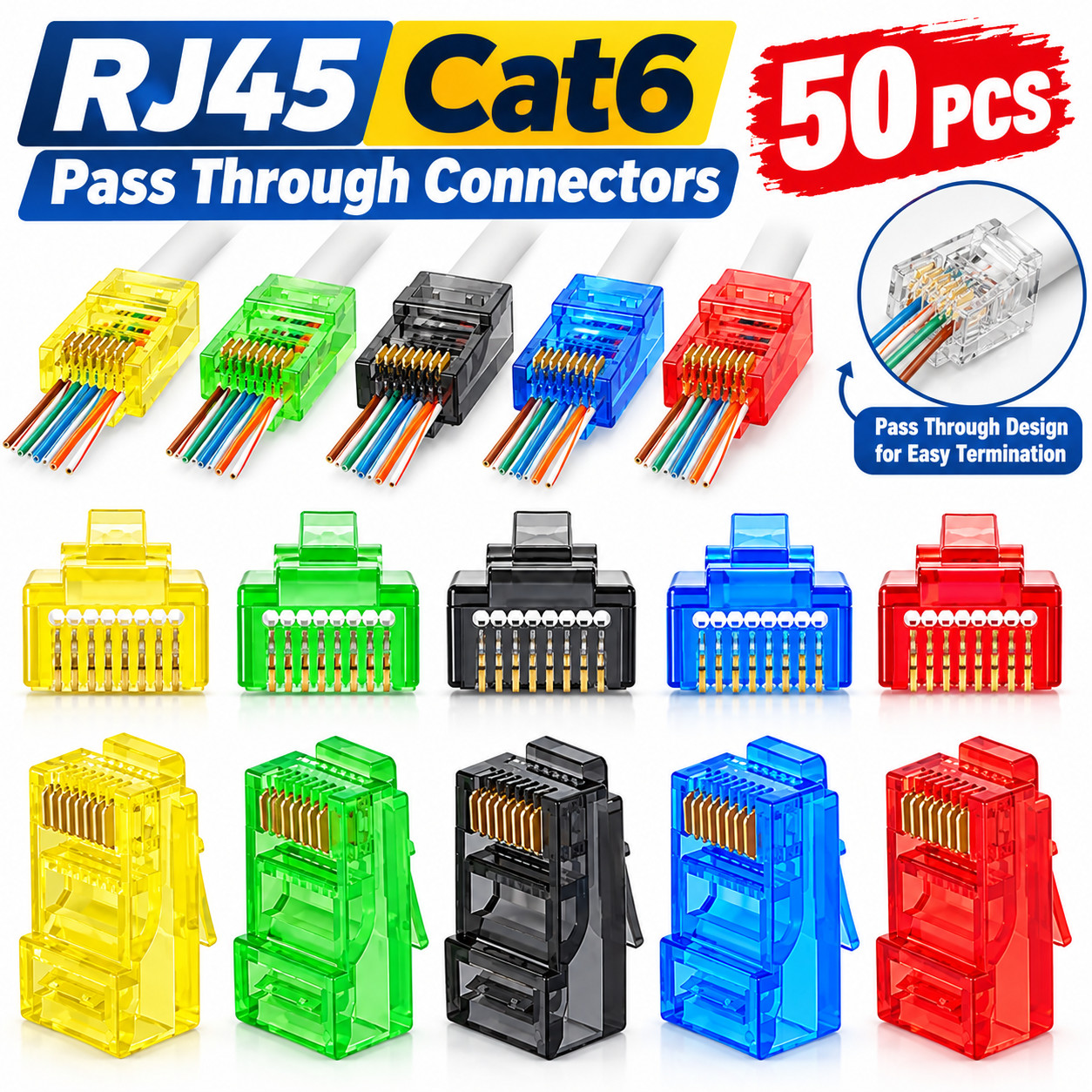 50PCS RJ45 Cat6 Pass Through Connectors Ethernet Cable Crimp Plug Clear Colorful