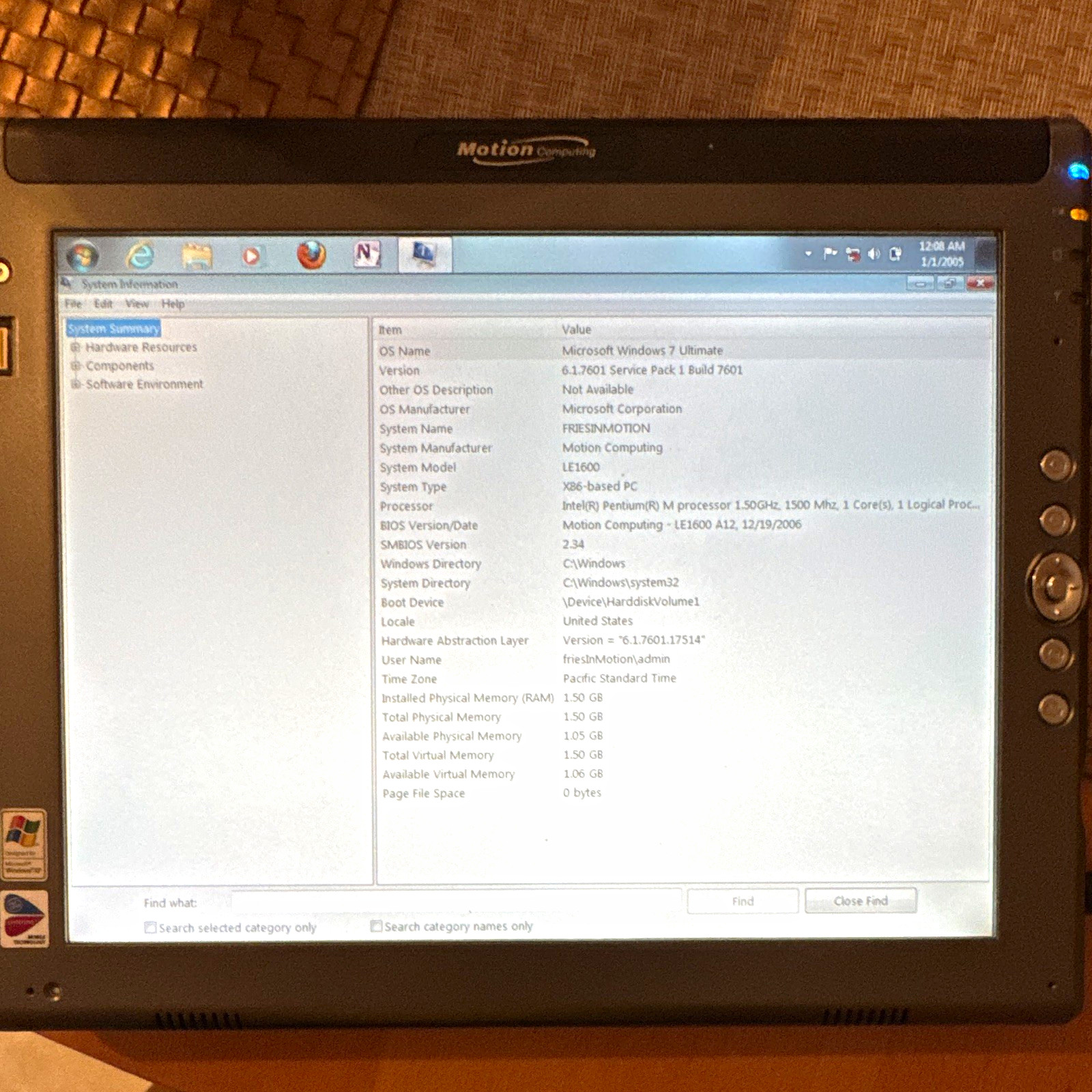 Motion Computing LE1600 12.1" Win 7 Ult Pentium M 1.50GHz 1.5GB + Dock + 2x batt