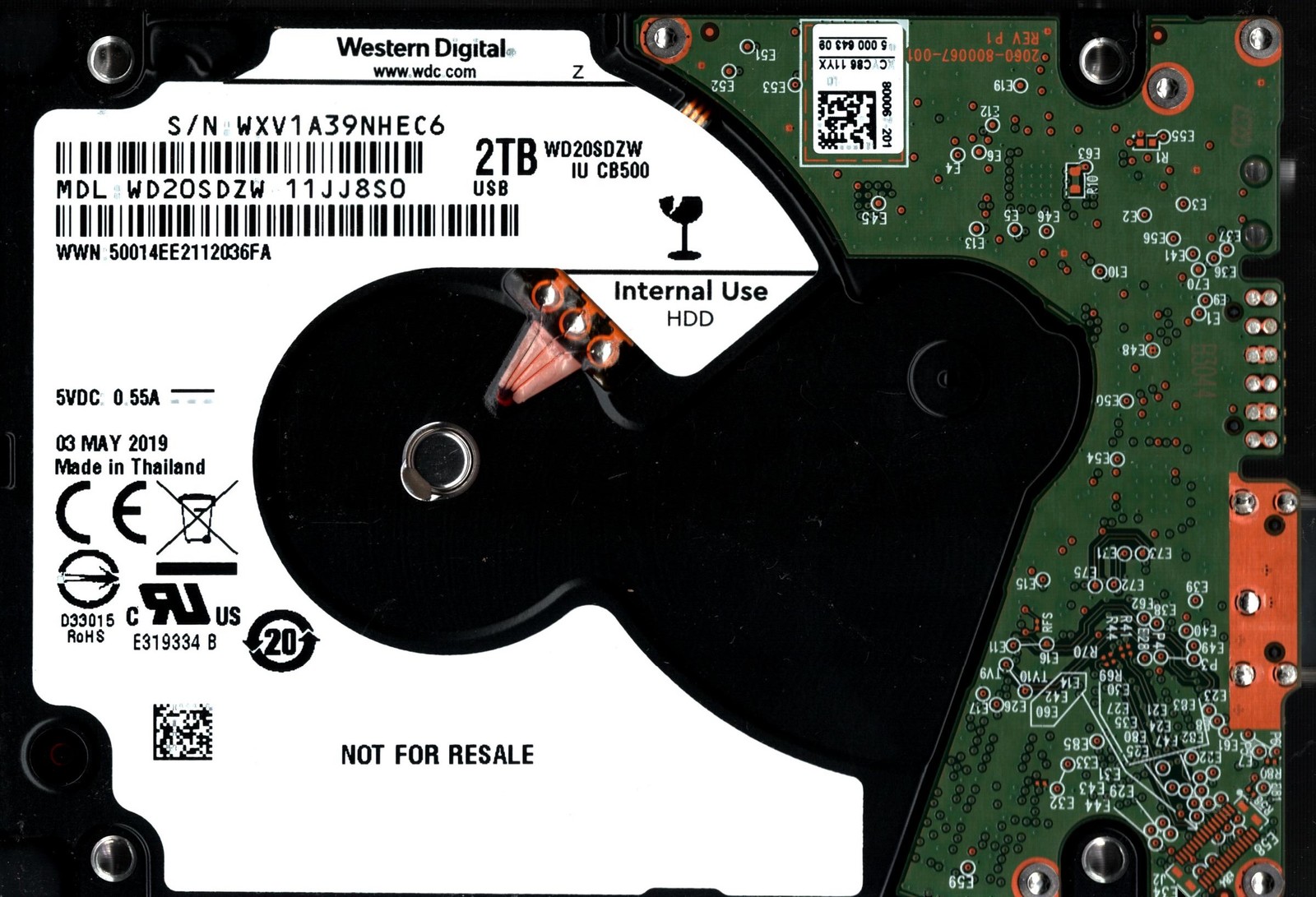 WD20SDZW-11JJ8S0 S/N: WXV1A WESTERN DIGITAL 2TB THAILAND MAY 2019