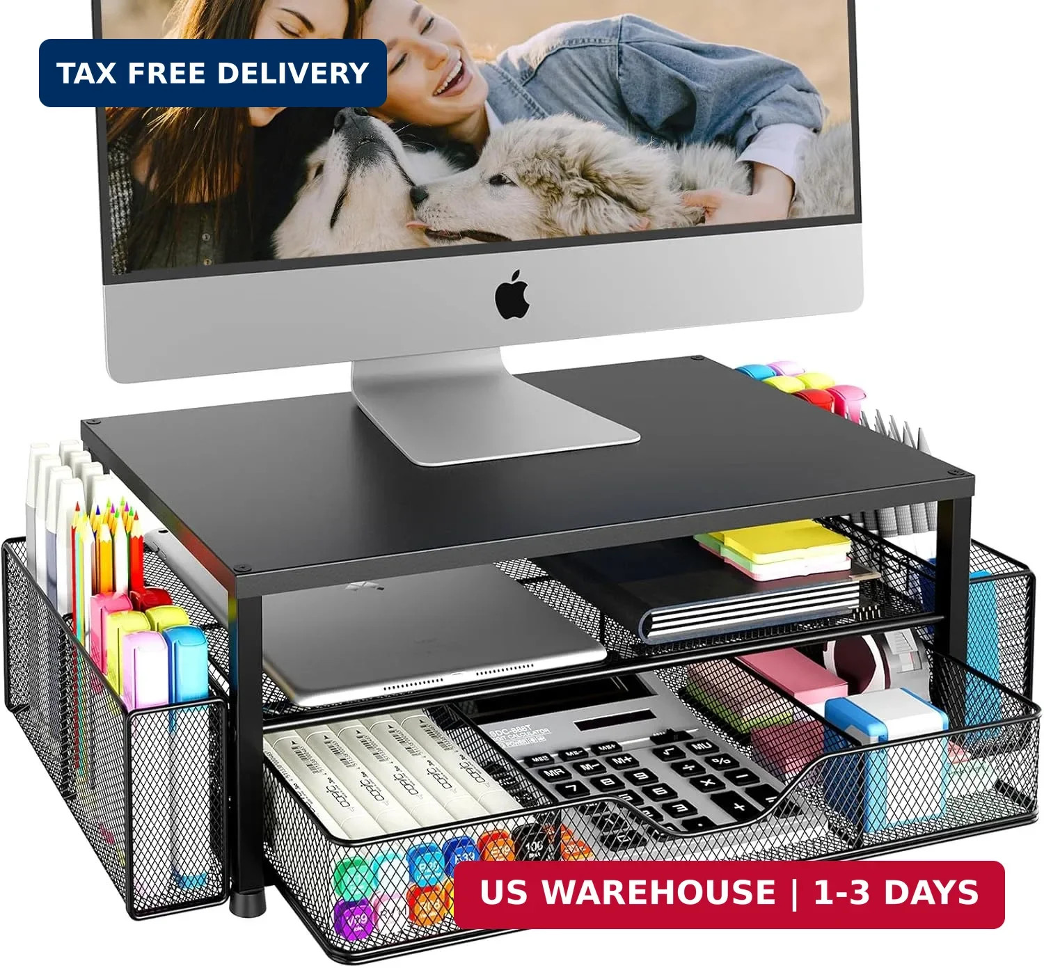 Desk Organizer and Accessories, 2-Tier Computer Monitor Stand Riser with Drawer