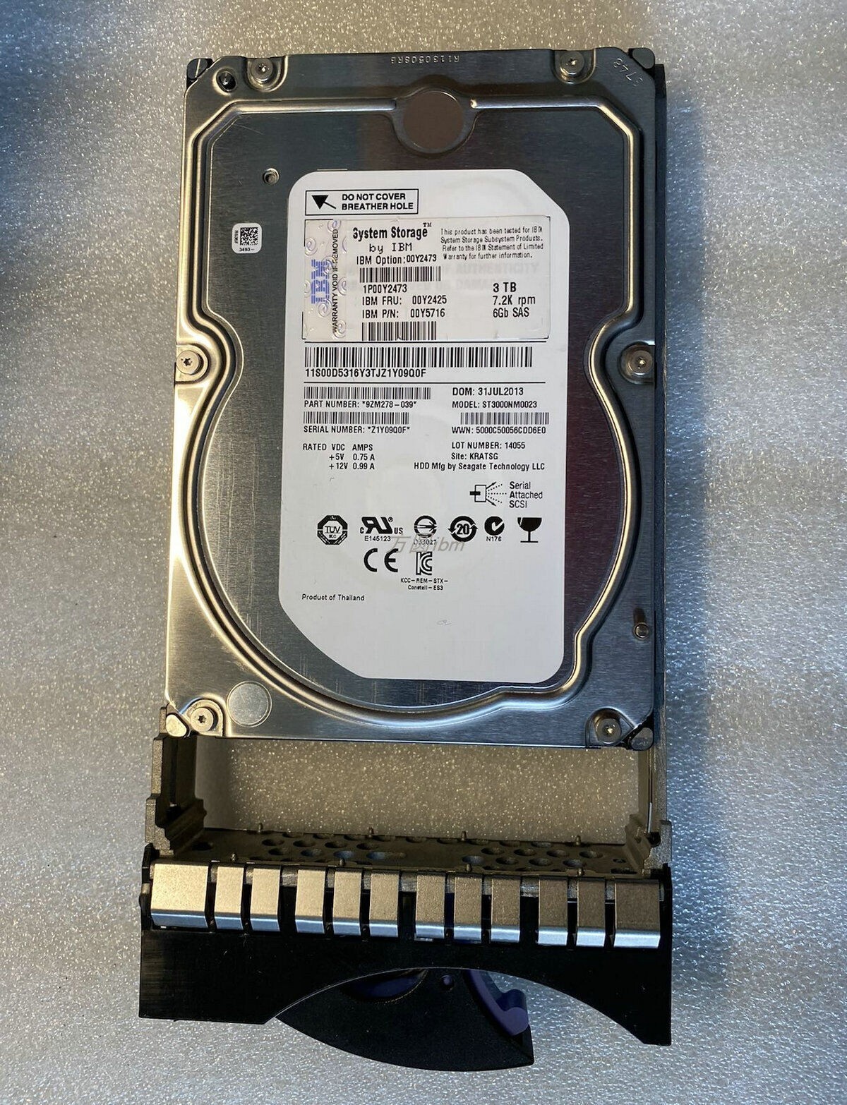 IBM 00Y2473 00Y2425 00MJ127 3TB SAS 3.5" 7.2K 6G/s HARD DRIVE FOR V3500 V3700