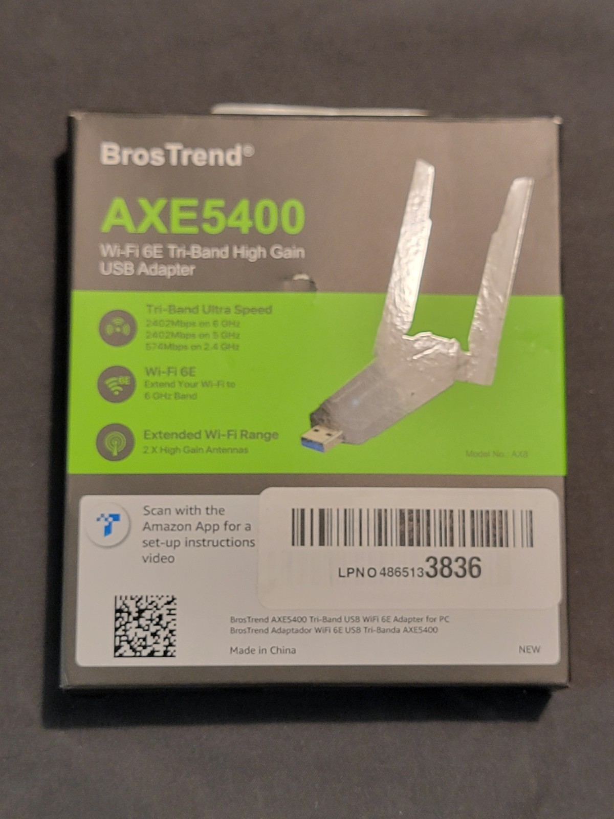 BrosTrend AXE5400 WiFi 6E USB Adapter Tri-Band 6GHz 5GHz 2.4GHz AX8