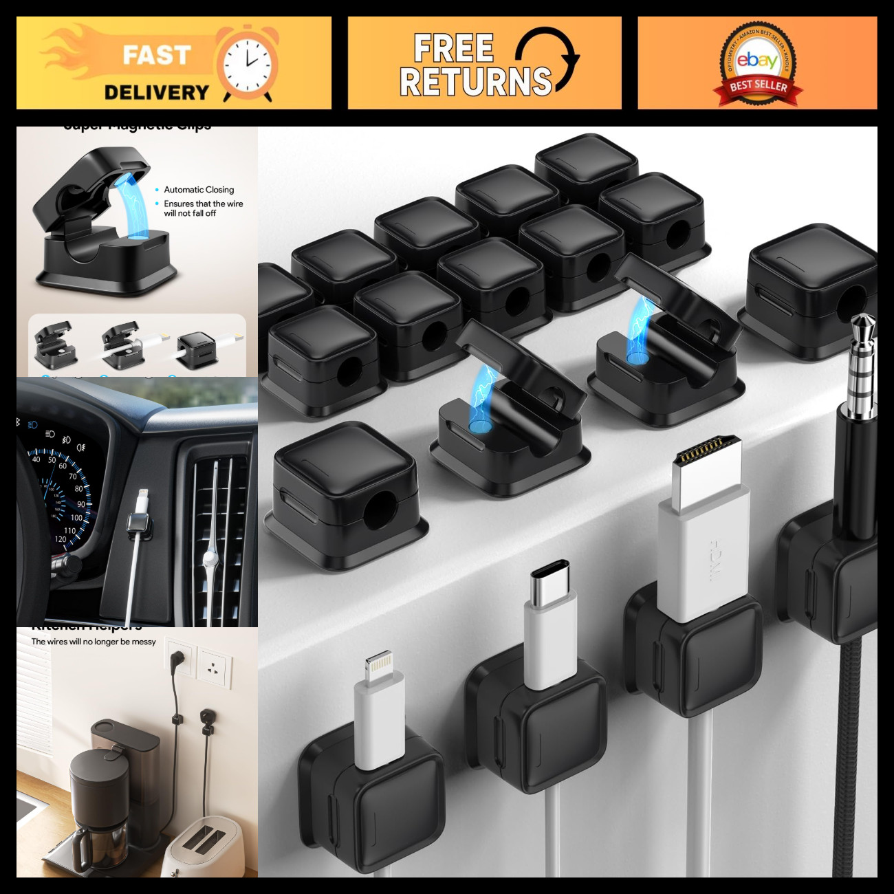18 Pack Magnetic Cable Clips, Cord Organizer for Under Desk Management, Black