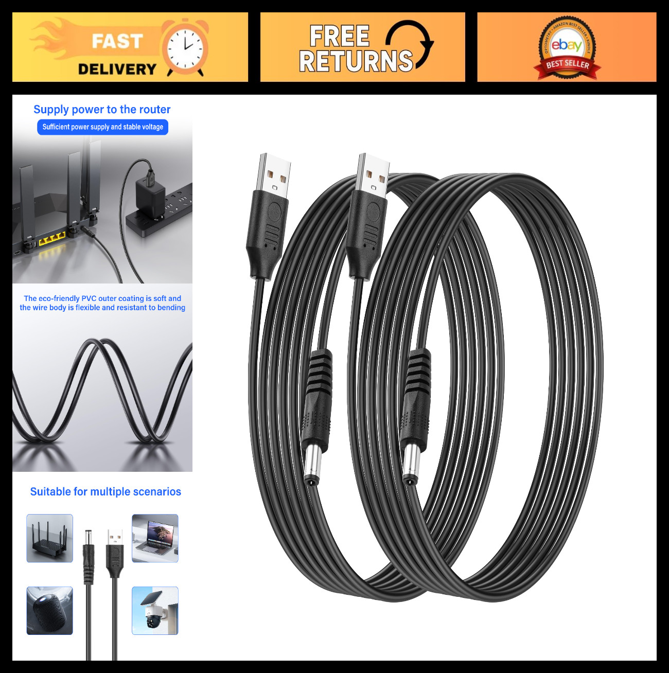 USB to DC 5.5x2.5mm Power Cord 10FT, 5V 3A Barrel Jack Charging Cable - 2Pcs for