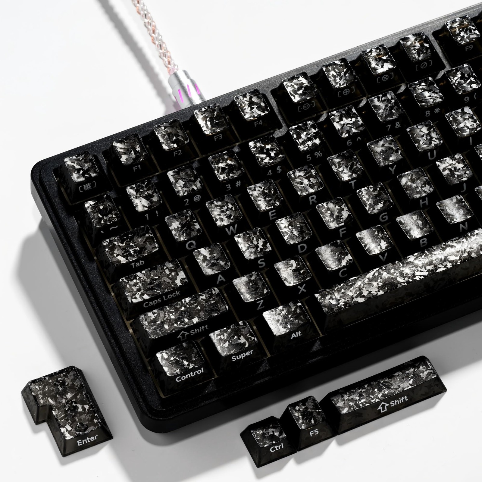 Black Keycaps, Forged Carbon-Look Cherry Profile Keycap Set, 119-Key Keyboard...