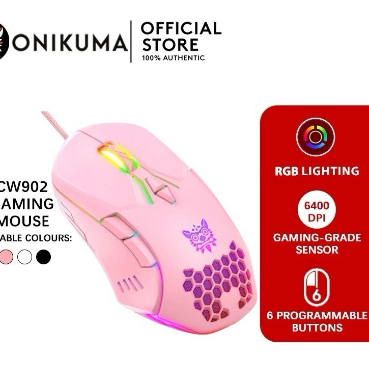 ONIKUMA CW902 Pink Gaming Mouse RGB Lighting 6400 DPI 6 Programmable Buttons