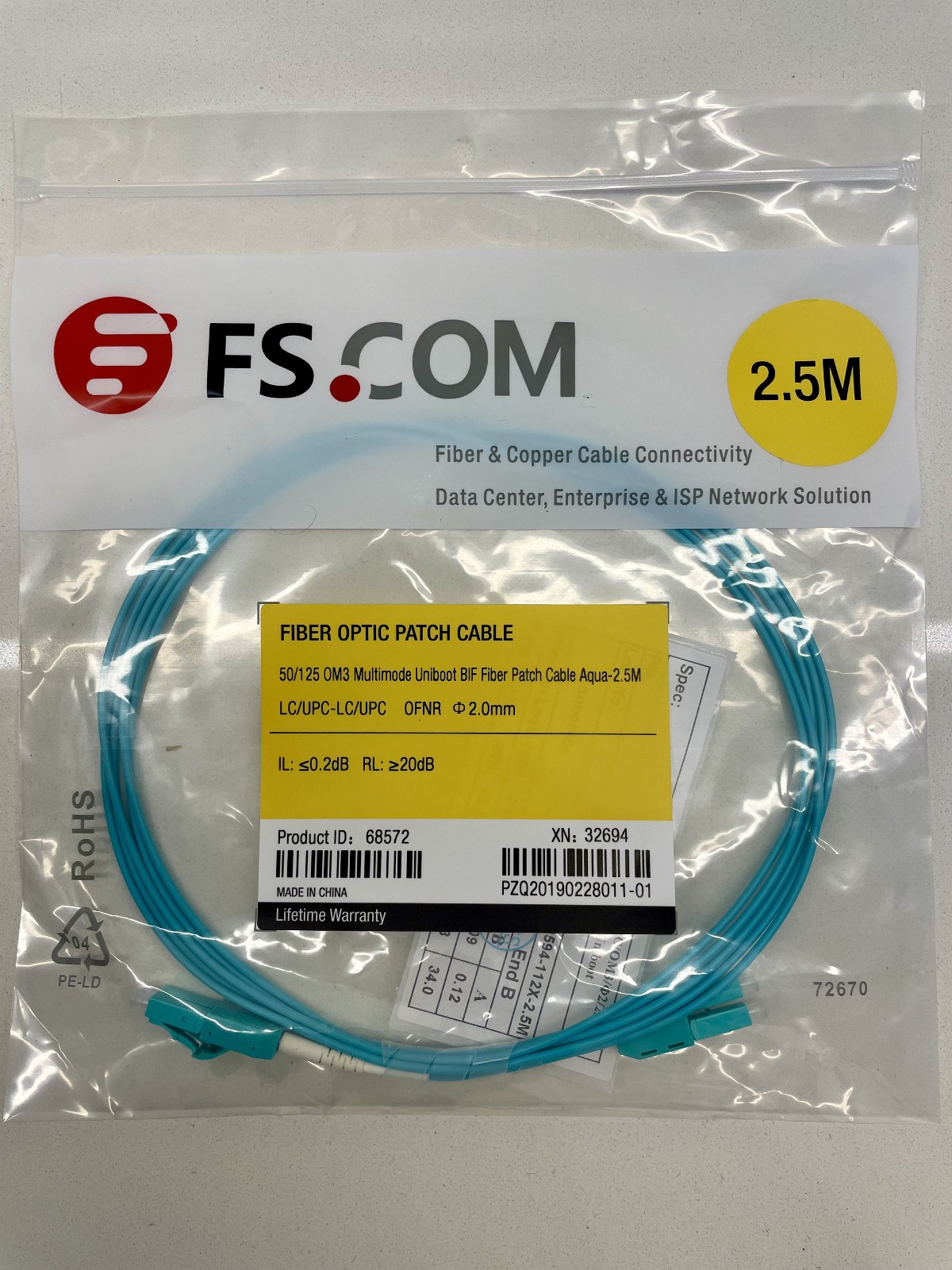FS.com 2.5m 50/125 OM3 Multimode Uniboot BIF Fiber Patch Cable Aqua LC/UPC OFNR