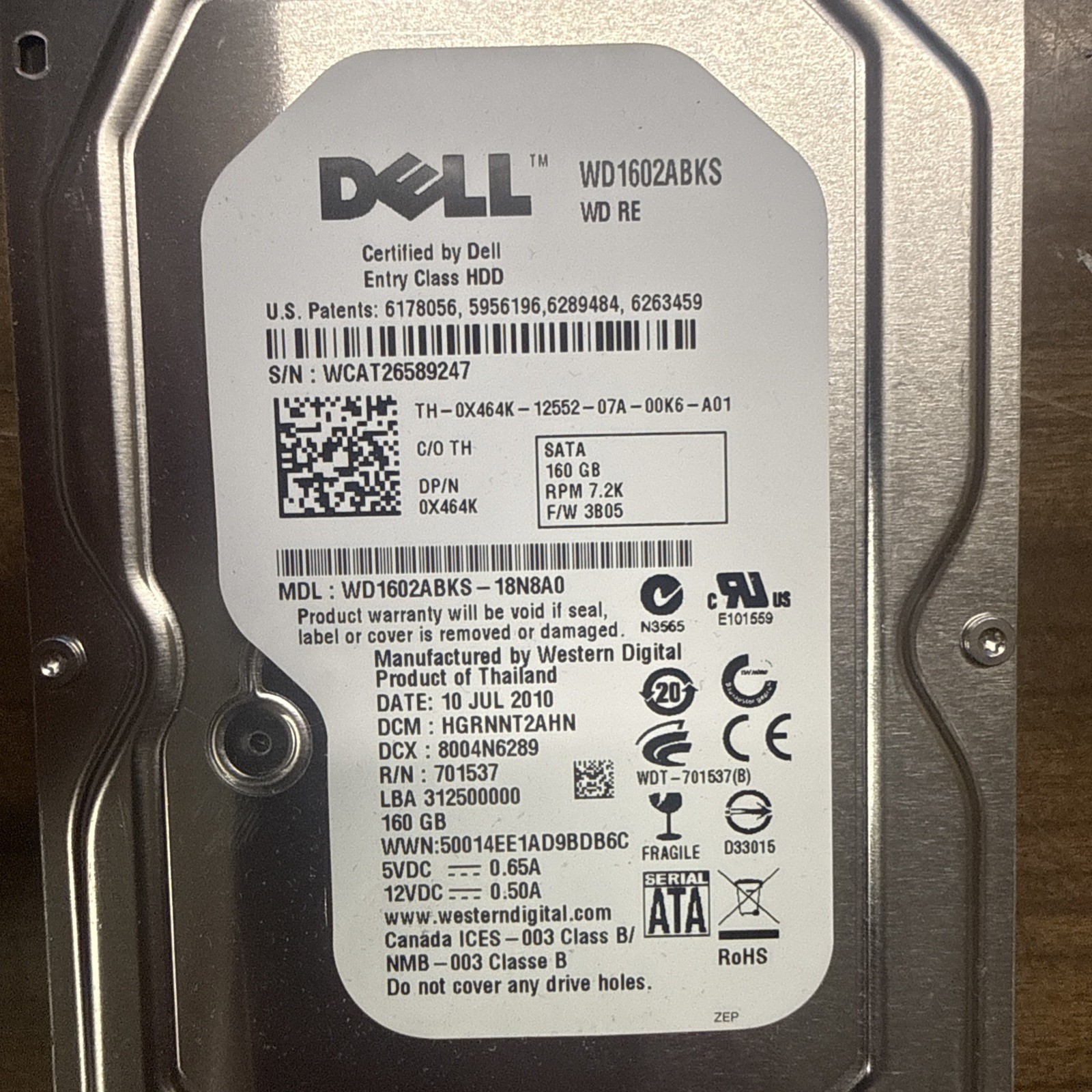 Dell 160 GB,Internal,7500 RPM,3.5" (X464K) Hard Drive