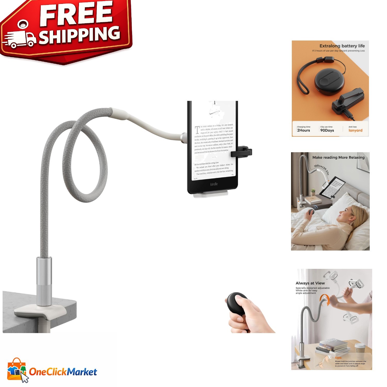 39.3" Adjustable Gooseneck Kindle & Tablet Holder with Whisper-quiet Page Turner