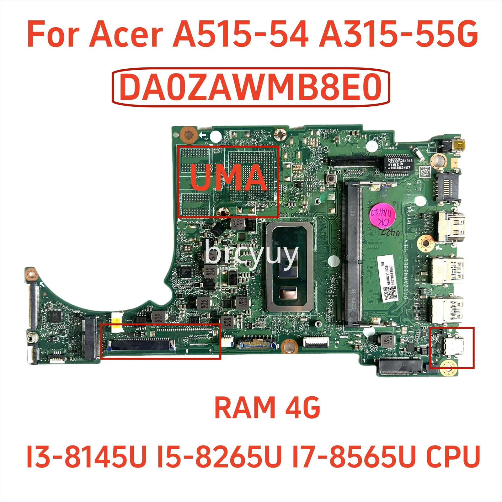 DA0ZAWMB8G0 For ACER A515-54 A315-55G Motherboard W/ I3 I5 I7-8TH CPU 4G RAM UMA