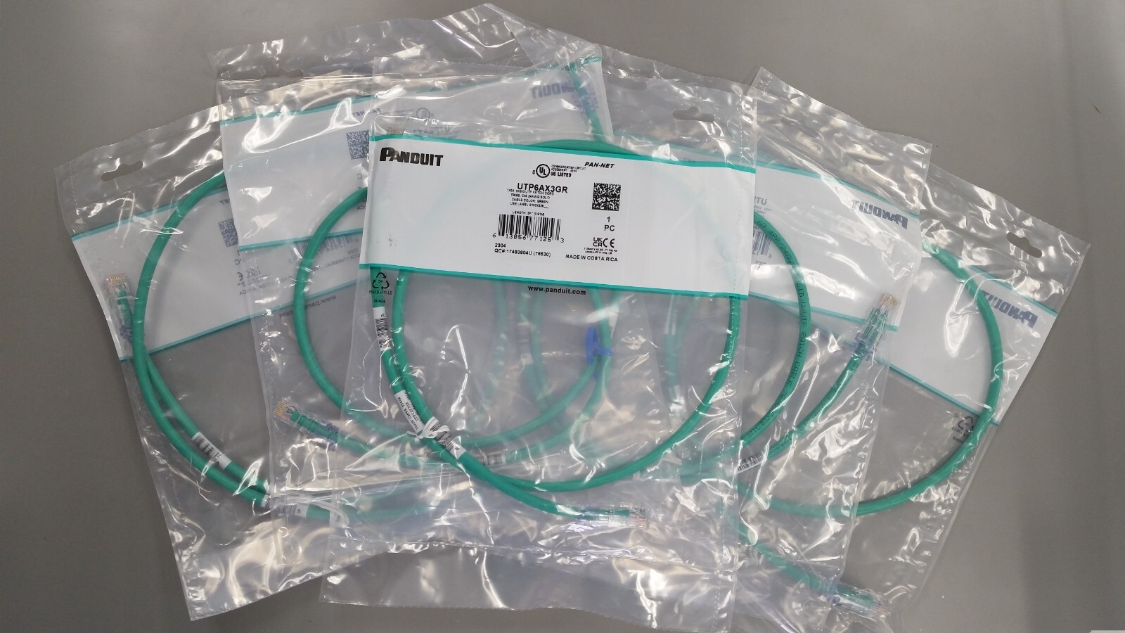 Panduit UTP6AX3GR CAT 6A 24 AWG Copper 3' Ethernet Patch Cable (5-Pack) NEW
