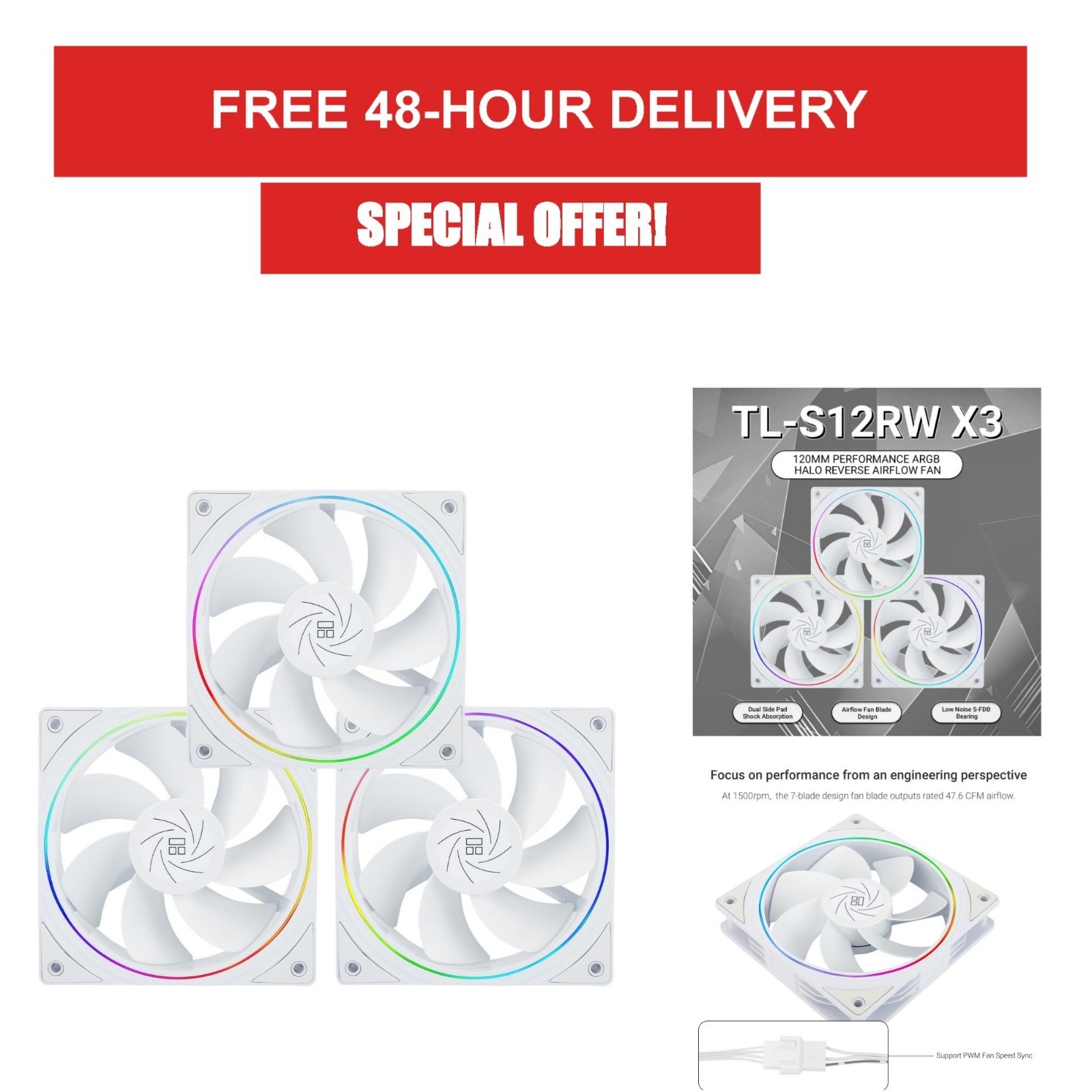 Thermalright TL-S12RW X3 120mm ARGB PWM Case Fan 1500RPM White 3-Pack