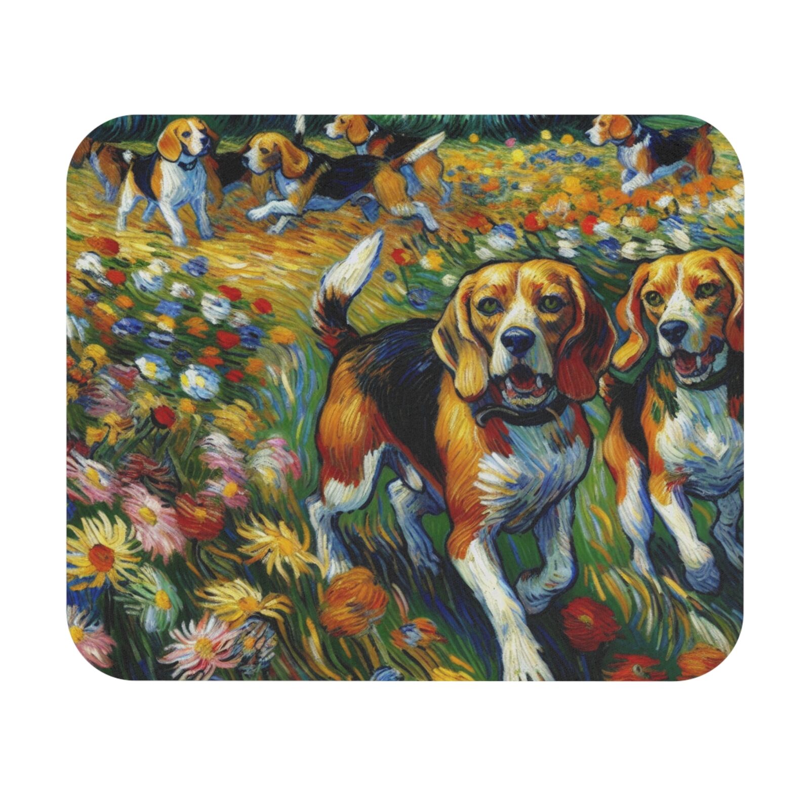 Mouse Pad (Rectangle) Beagles in Field of Flowers Van Gogh Style Design 1