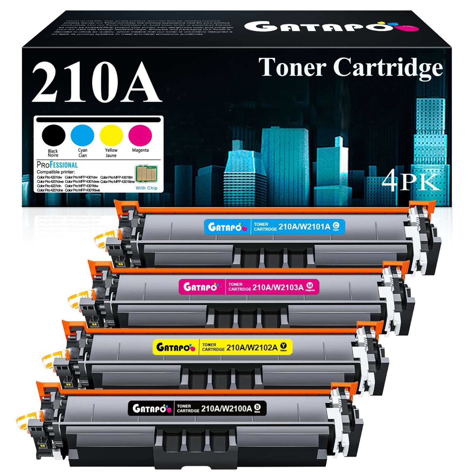 4PK 210A Toner High Yield W/Chip for HP 4201dn 4301fdw W2100X Printers
