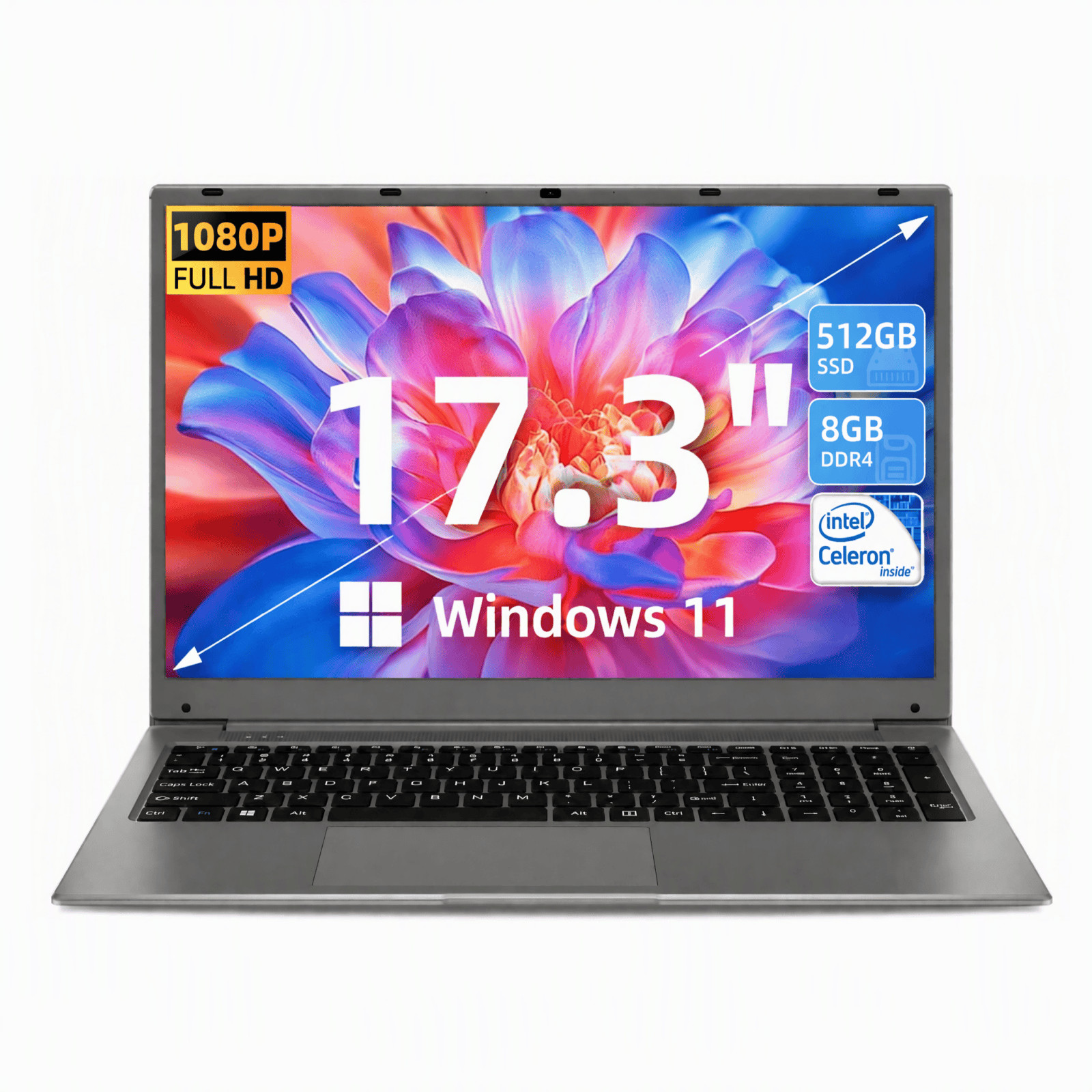 NEW SGIN 17,3" Laptop 8GB RAM 512GB SSD 8000mAh Windows 11 Intel Celeron FHD IPS