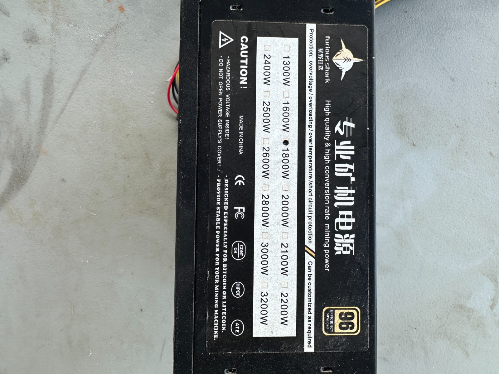 Furious Shark 1800W Crypto Mining Power Supply PSU ATX 96+ Efficiency w/ Cables