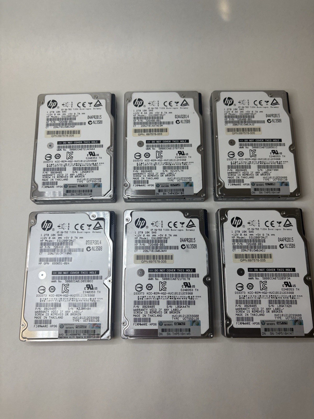 Lot of 6 HP  1.2TB 10K 6G SAS HDD 2.5 " 726480-001 EG1200FDNJT (wiped & tested)