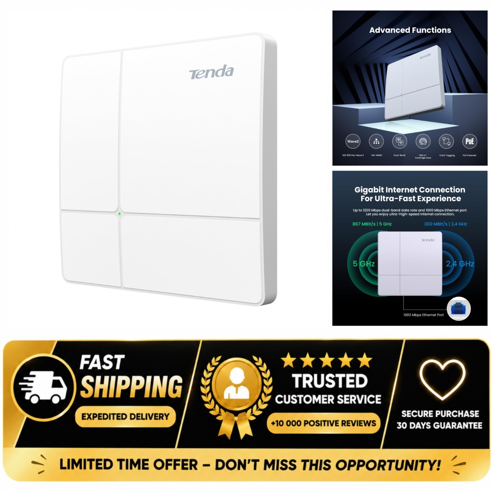 Tenda AC1200 Dual-Band Gigabit Wireless Access Point i24 PoE IP65