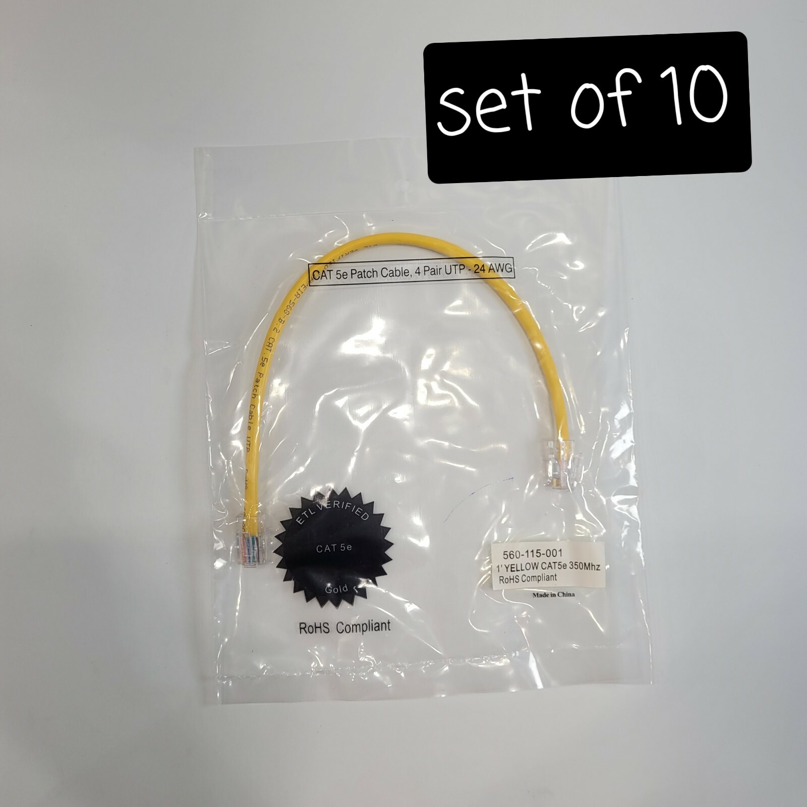 SET OF 10 CAT 5e Patch Cable 560-115-001 1' YELLOW CAT5e 350Mhz RoHS COMPLIANT 