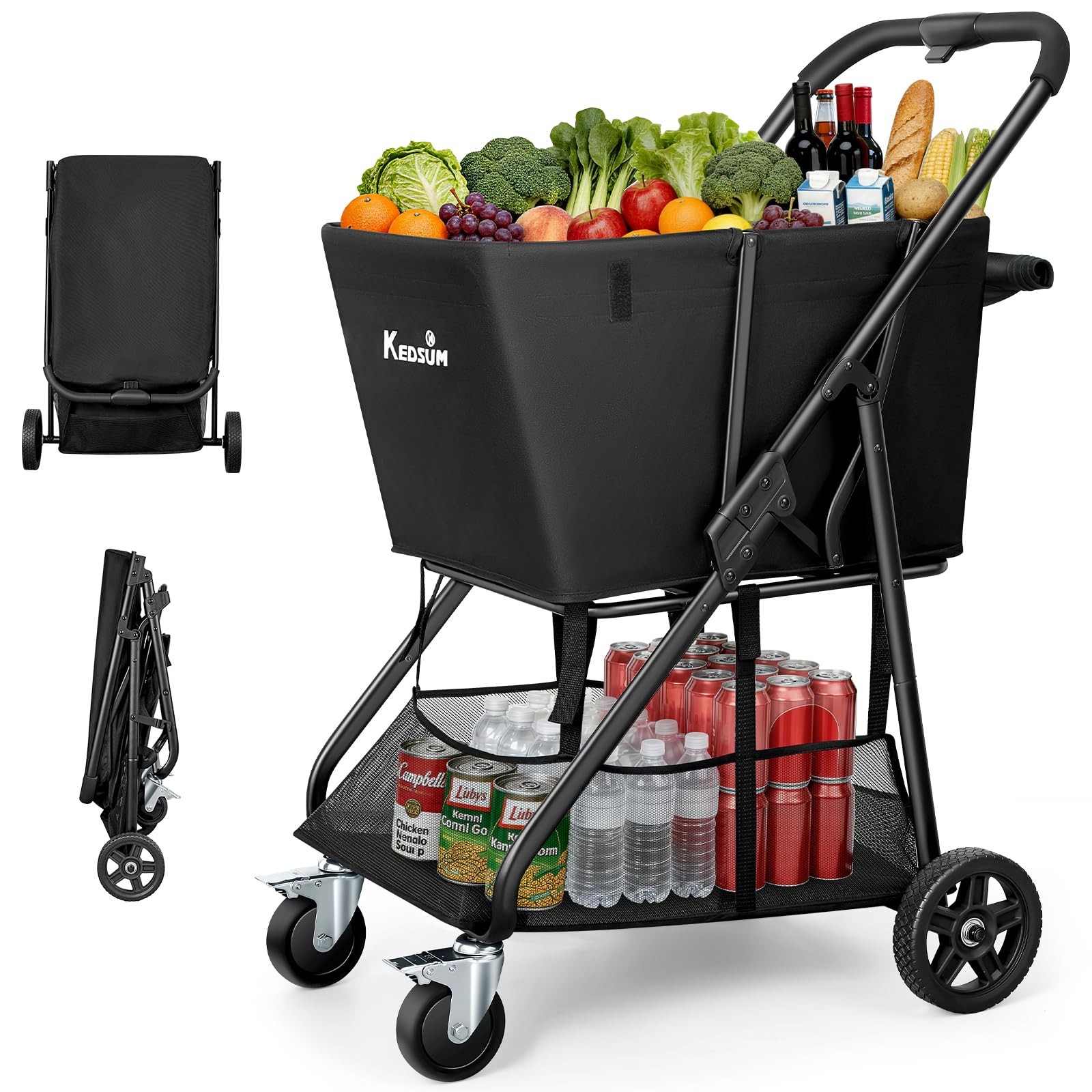 Foldable Shopping Cart 2 Tier 280LB Capacity Wheels Black KEDSUM Grocery