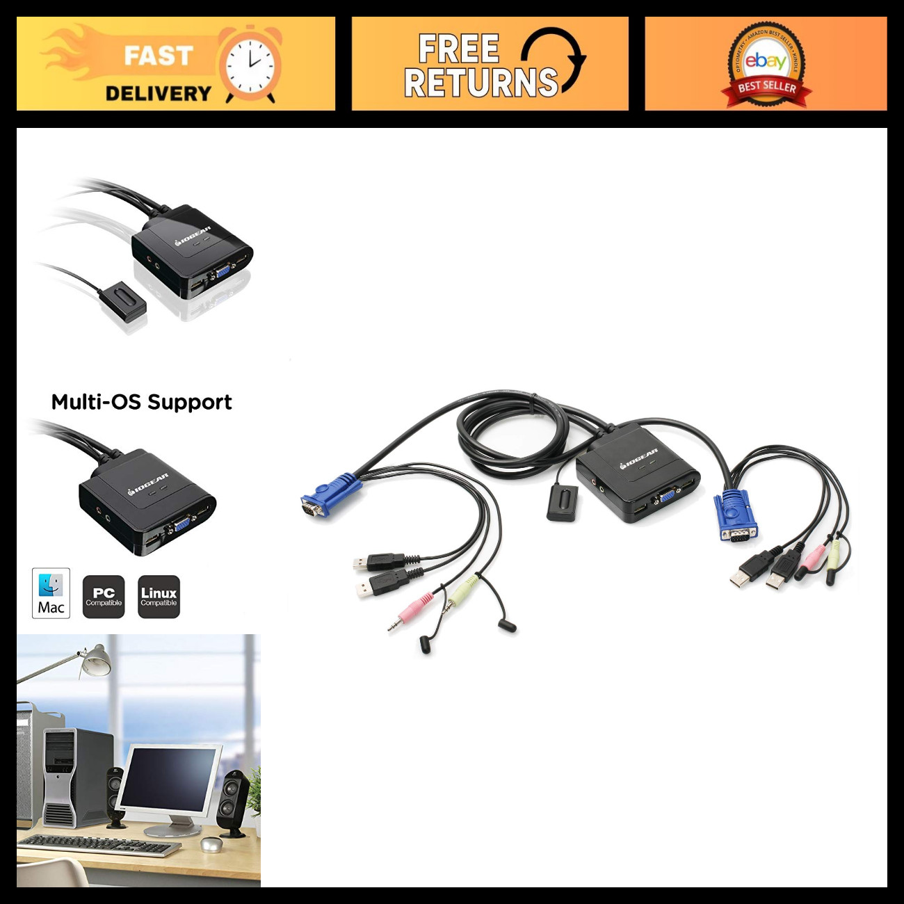 2-Port USB VGA KVM Switch - 2048x1536 Resolution, 2.1 Stereo Audio, Plug & Play,