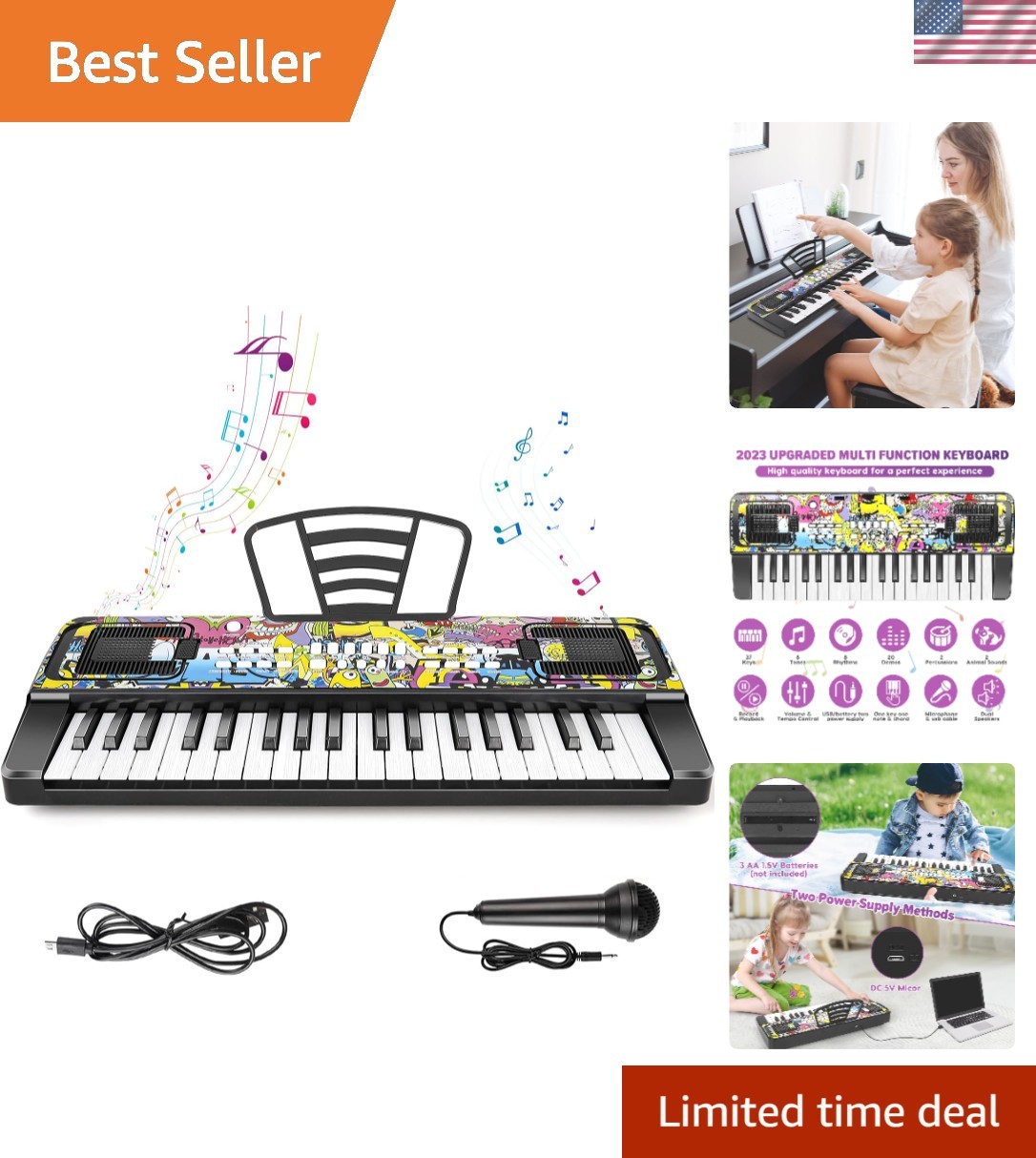 37-Key Electric Piano for Kids - Record Play, Microphone, Batteries or USB