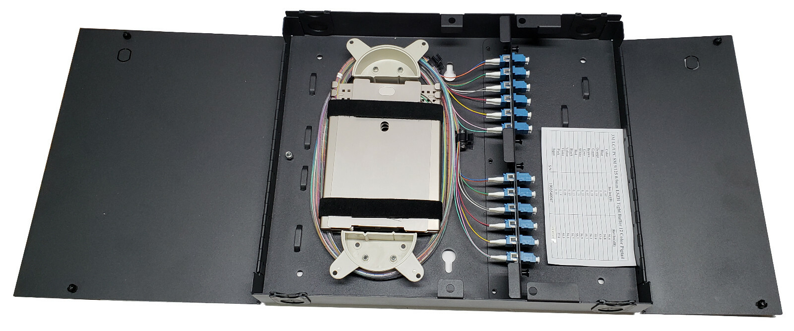 24 Fiber Wall Mount w/ LC/UPC Adapters, Singlemode Pigtails & 12f Splice Trays