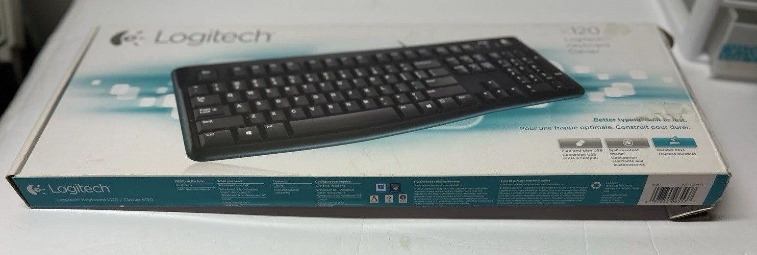 Logitech K120 Wired USB Desktop Keyboard Full Size Quiet Keys Black Open Box⁠