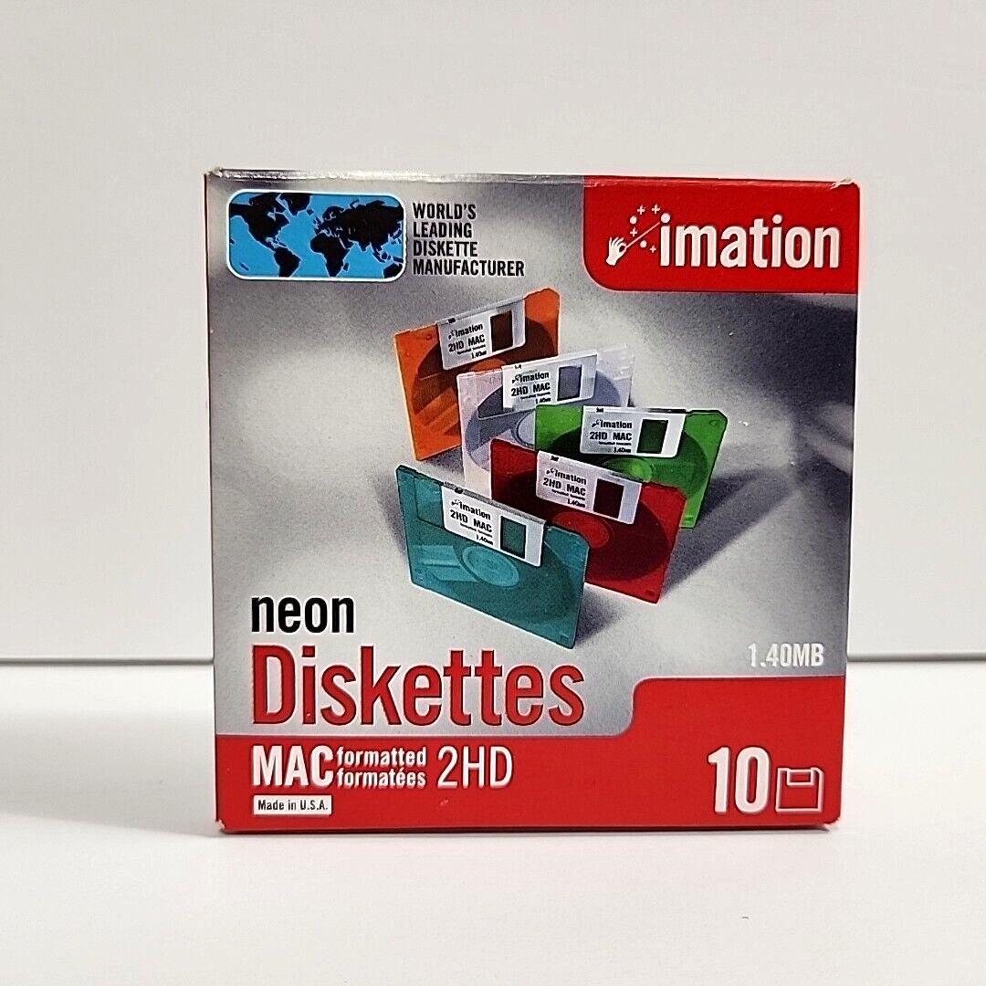 New-Open Box Imation 10 Pack of Formatted MAC 2HD Diskettes 1.40MB Neon Colors