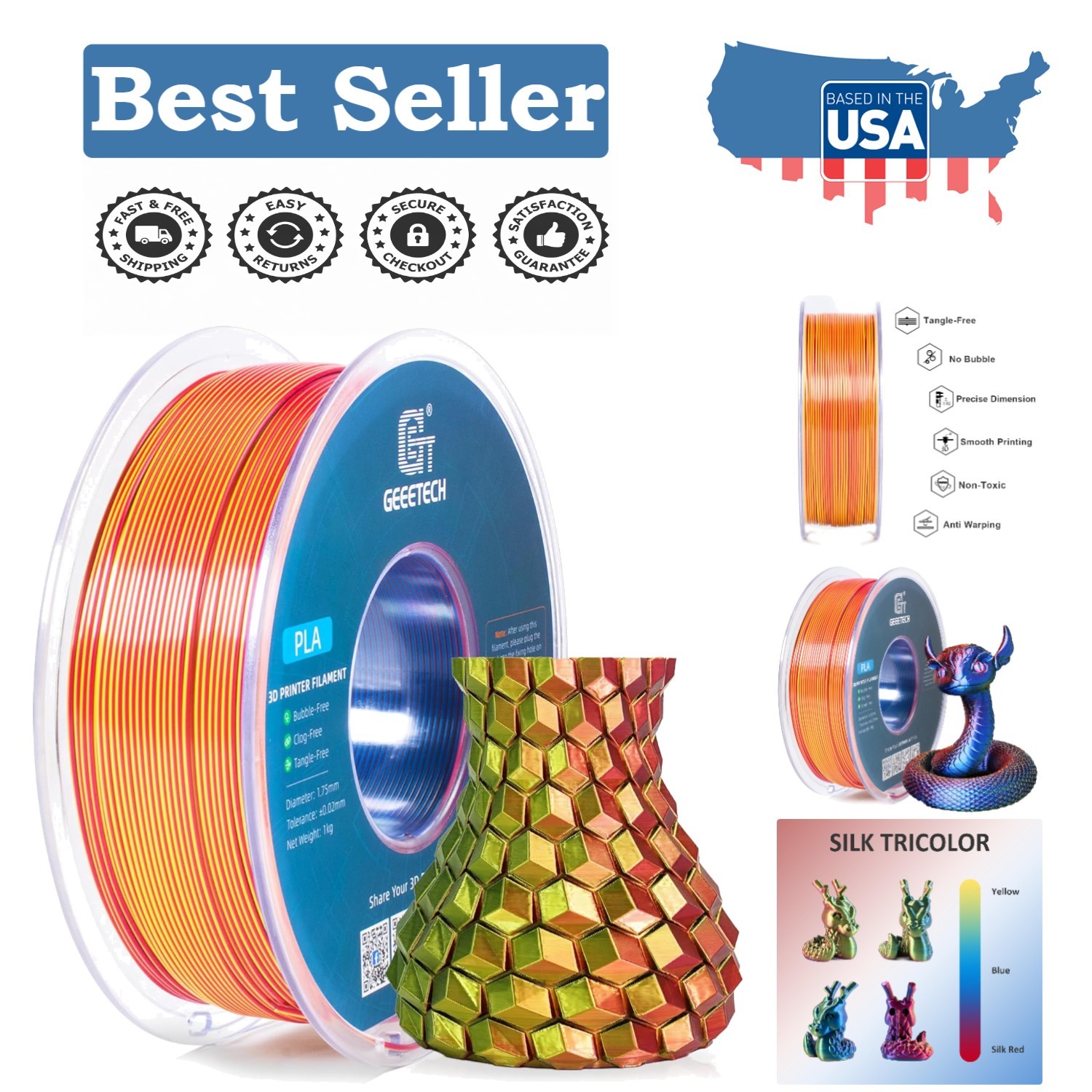 High-Quality Silk PLA 3D Printer Filament 1.75mm - Perfect for Cosplay & Crafts