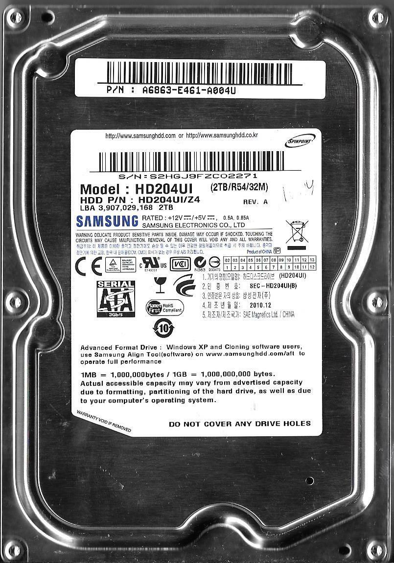 Samsung HD204UI 2TB Sata Hard Drive P/N: A6863-E461-A004U  F/W: 1AQ10001