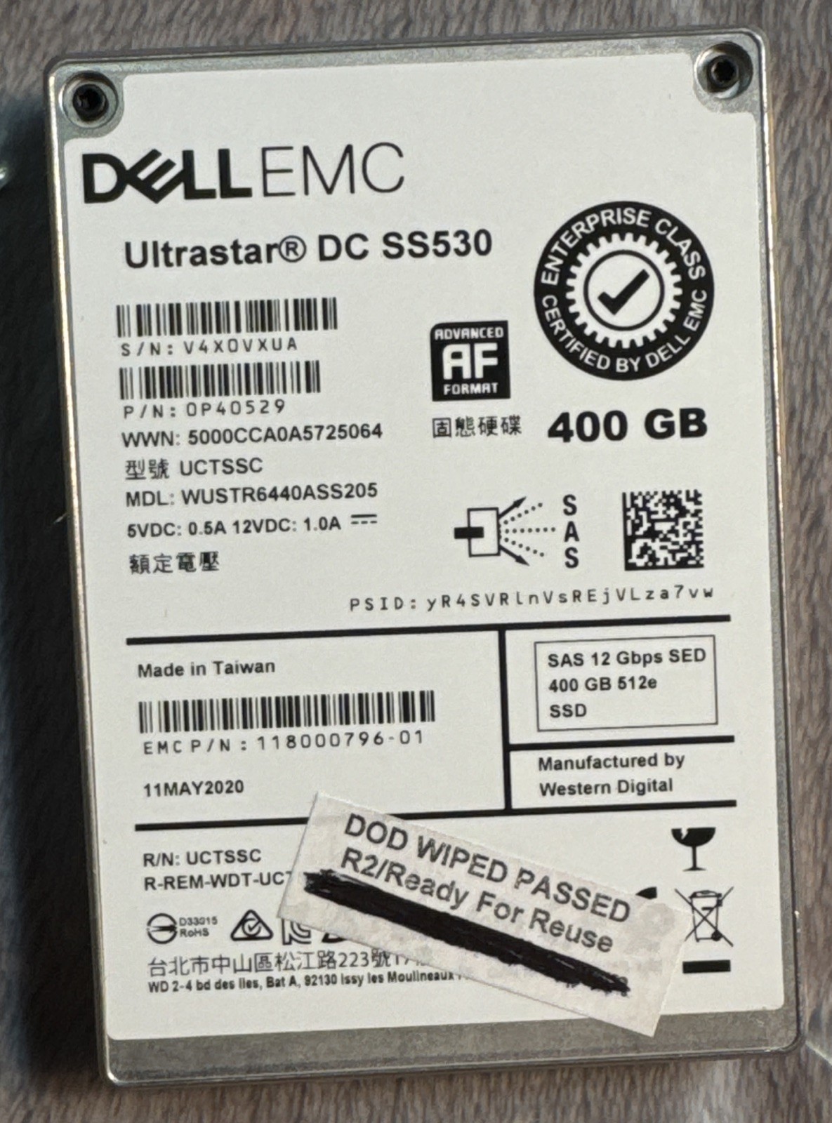 Dell EMC 400GB Ultrastar DC SS530 0P40529  2.5" SAS SDD WUSTR6440ASS205