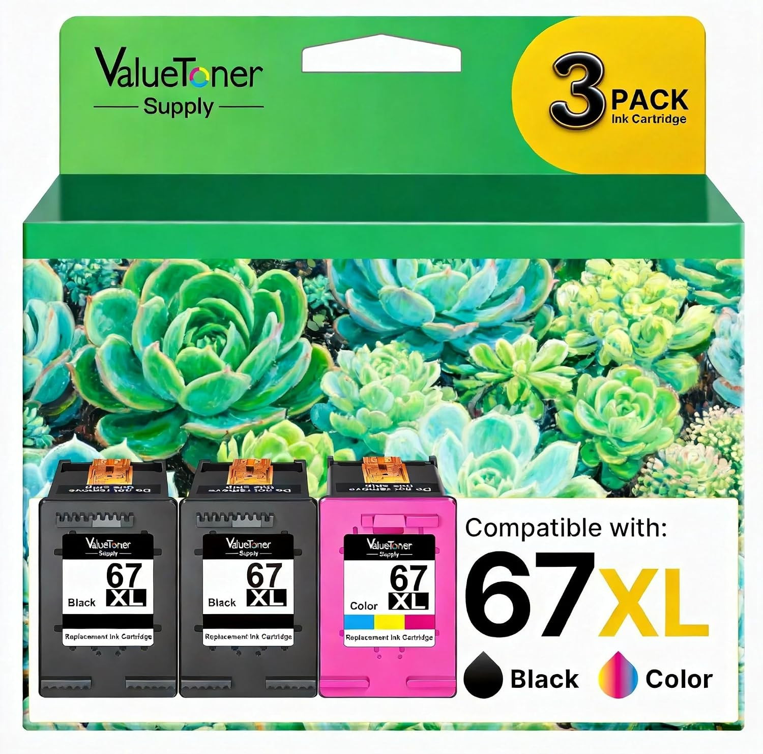 67XL Cartridges Black and Color (3-Pack) for HP Ink 67 67XL Replacement