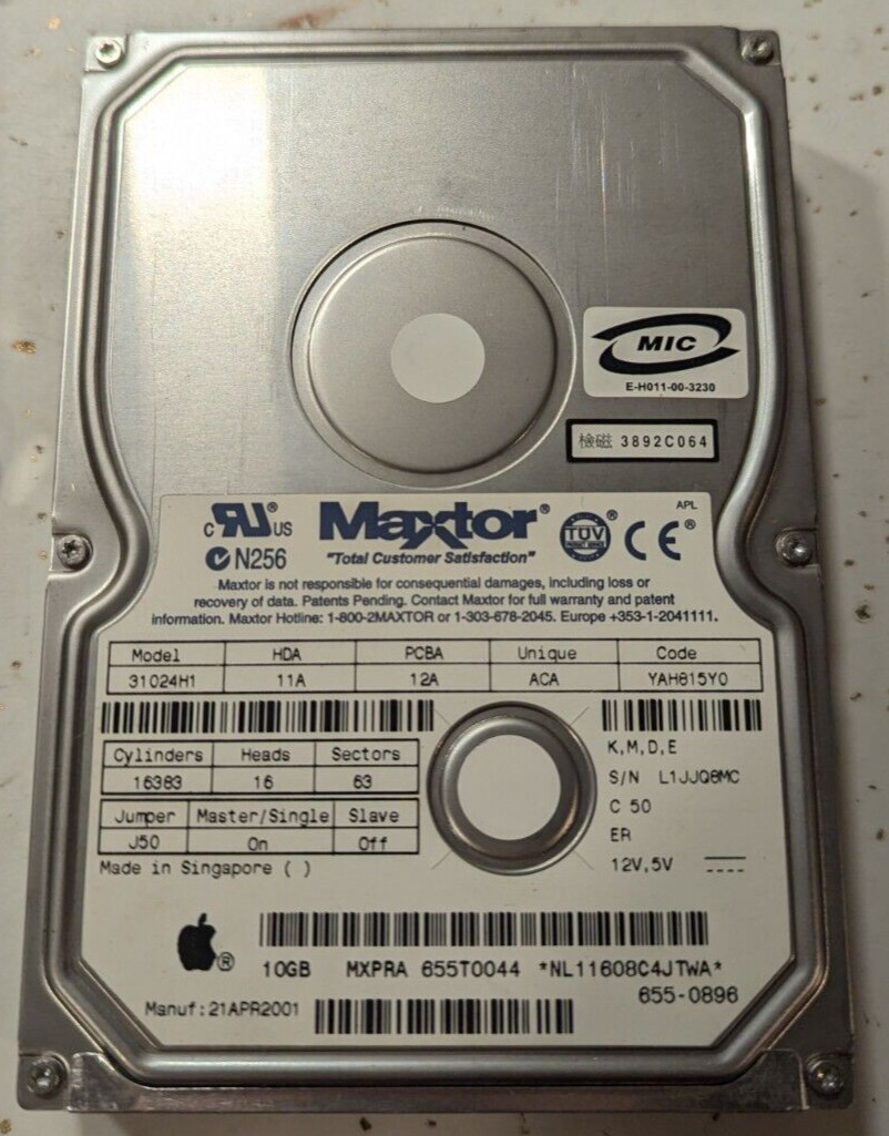 Maxtor 10GB Hard Drive 31024H1 Mac OS X 10.3.9 MXPRA 655T0044