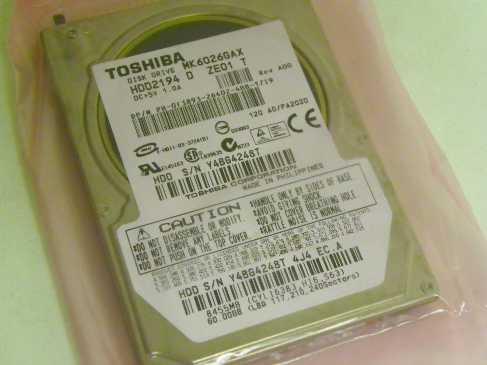 60GB Toshiba MK6026GAX Laptop IDE Hard Drive HDD2194 D ZE01 T DP/N 0F3893