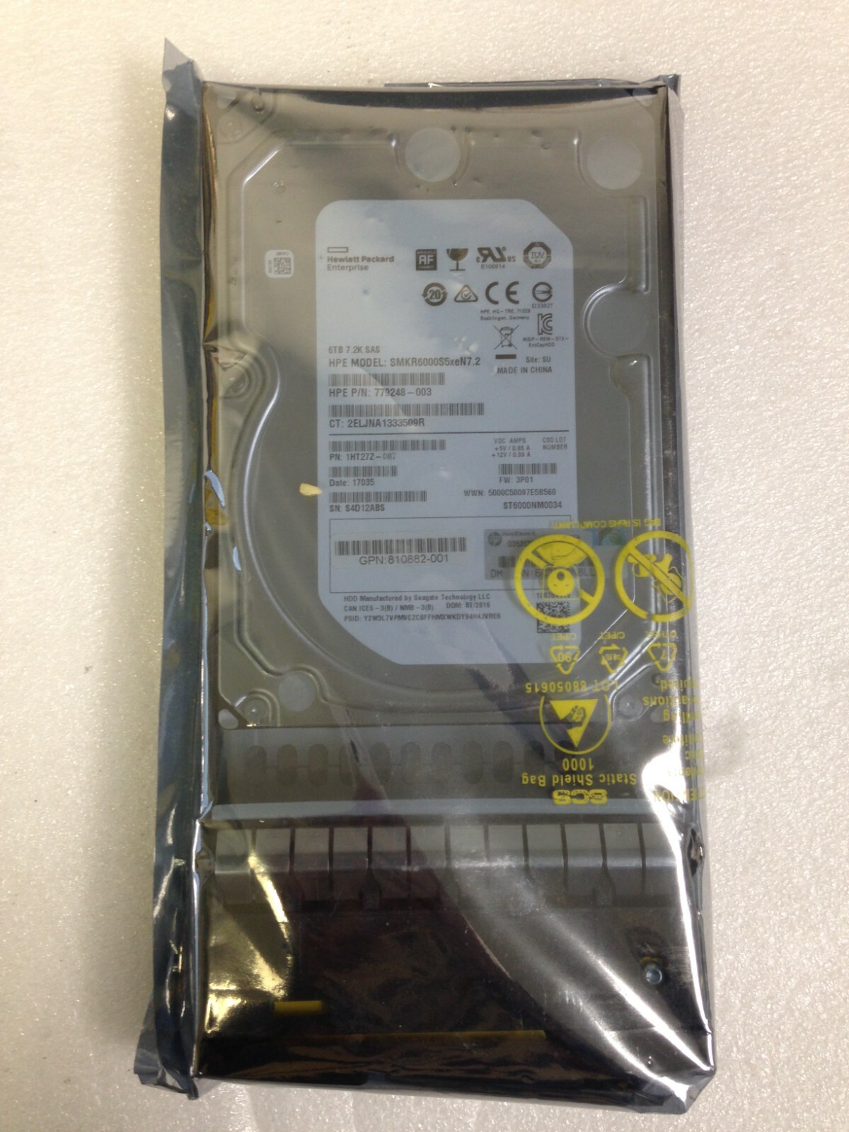 SMKR6000S5xeN7.2 6TB 7.2K SAS ST6000NM0034 P/N 1HT27Z-087, HPE 779248-003 w/Tray